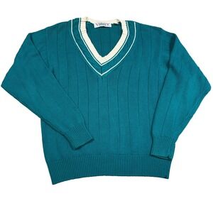 Vintage Grandpa Sweater Men Large Green V Neck Cricket Tennis Ribbed 90s Teal‎